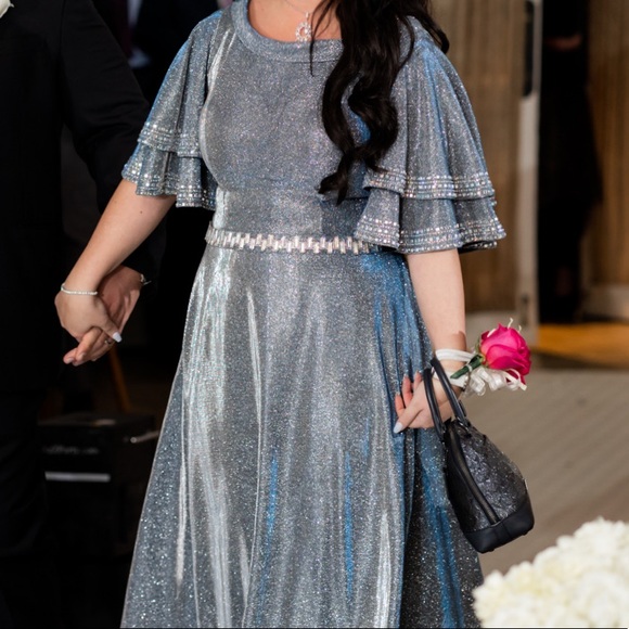 Silver Blue Glitter Evening Dress Special Occasion Party Gown Size 12 / 14 - Picture 2 of 9